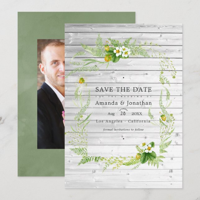 Rustic Country Barn Greenery Wedding Photo Save The Date (Front/Back)