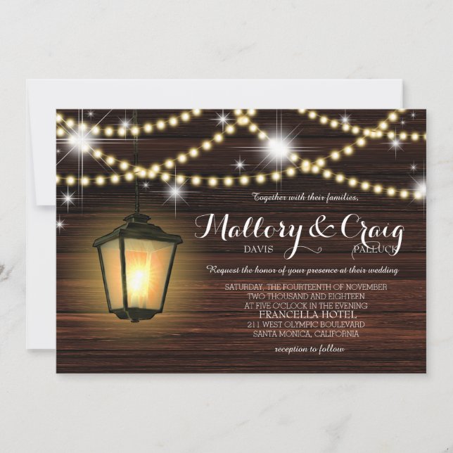 Rustic Country Barn Lantern String Lights Wedding Invitation (Front)