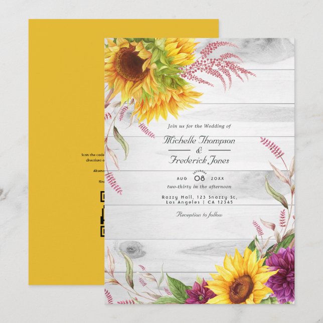 Rustic Country Barn QR Code RSVP Sunflower Wedding Invitation (Front/Back)