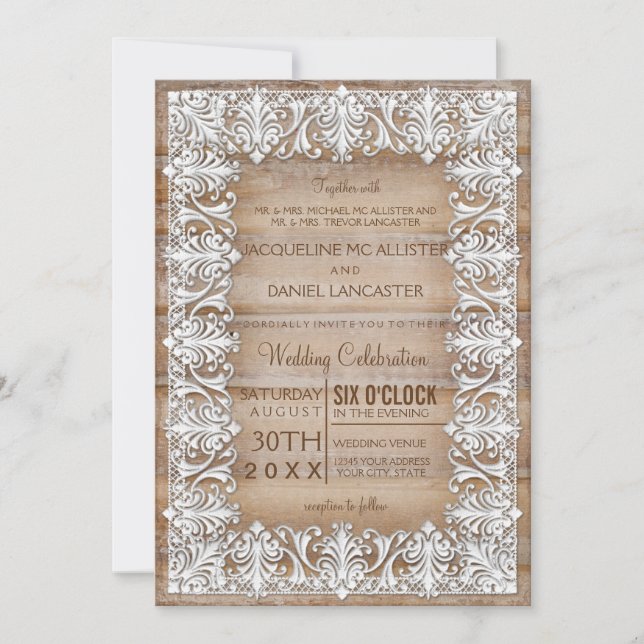 Rustic Country Barn Style Lace n Wood Wedding Invitation (Front)
