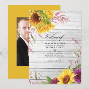 Rustic Country Barn Sunflower Wedding Photo Invitation