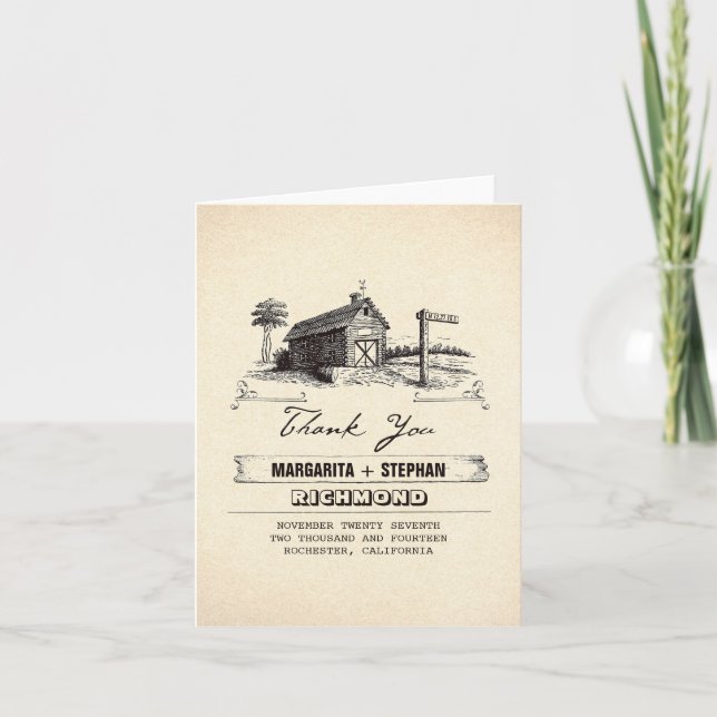 Rustic country barn wedding thank you cards (Front)