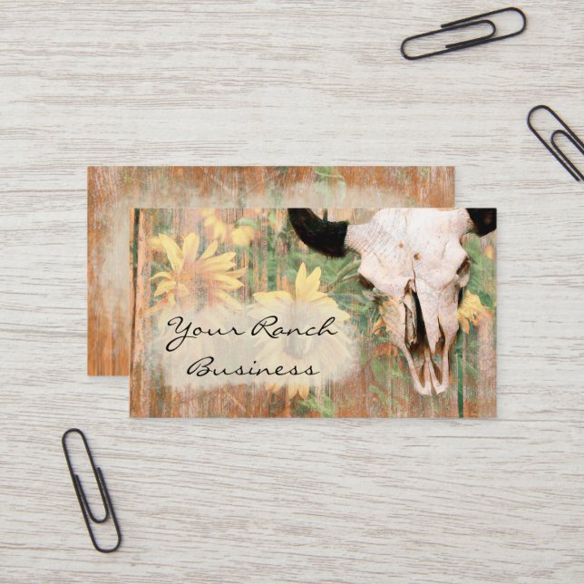 Rustic Country Barn Western Bull Skull Sunflowers Business Card (Front/Back In Situ)
