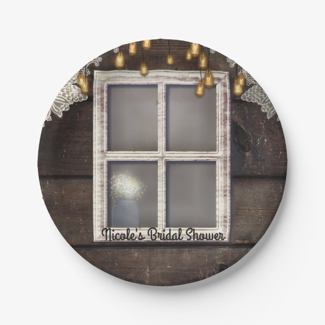 Rustic Country Barn Window Lights Lace Wedding Paper Plate (Front)