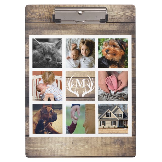 Rustic Country Barn Wood & Antlers Photo Collage Clipboard (Front)