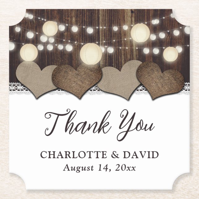 Rustic Country Barn Wood Burlap Lace Lantern Paper Coaster (Front)