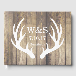 Rustic Country Barn Wood Deer Antlers & Initials Guest Book