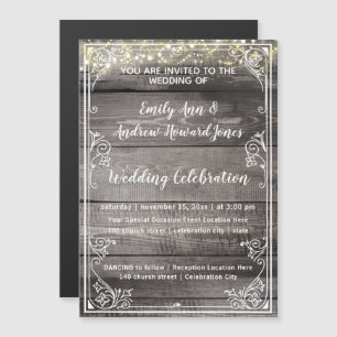 Rustic Country Barn Wood Fairy Lights Wedding Magnetic Invitation