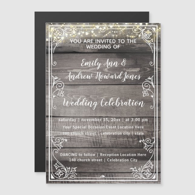 Rustic Country Barn Wood Fairy Lights Wedding Magnetic Invitation (Front/Back)