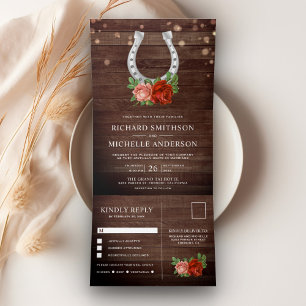 Rustic Country Barn Wood Floral Horseshoe Wedding Tri-Fold Invitation