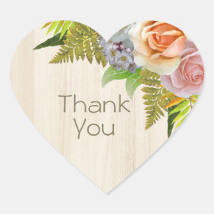 Rustic Country Barn Wood Floral Wedding Thank You Heart Sticker