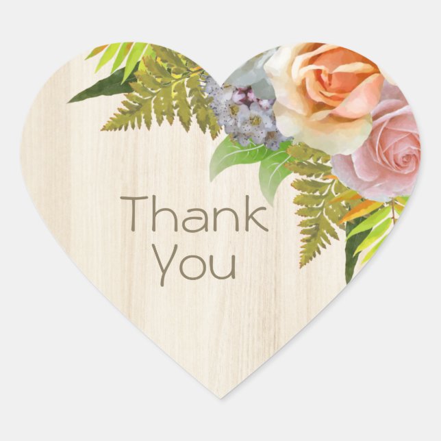 Rustic Country Barn Wood Floral Wedding Thank You Heart Sticker (Front)