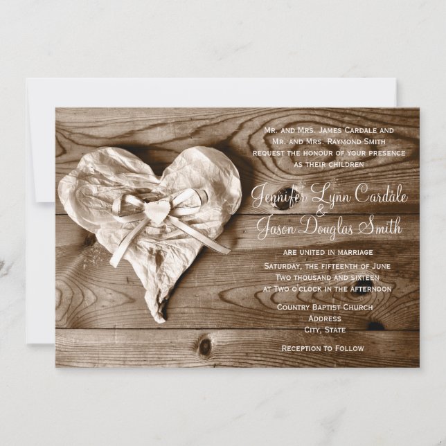 Rustic Country Barn Wood Heart Wedding Invitation (Front)
