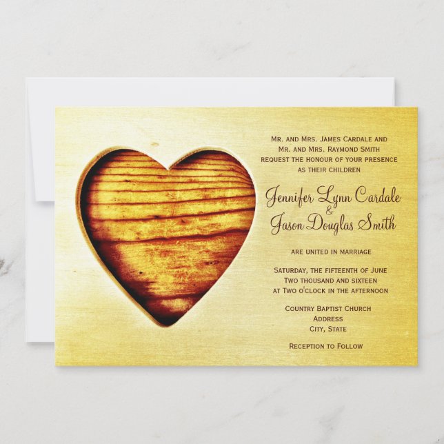 Rustic Country Barn Wood Heart Wedding Invitations (Front)