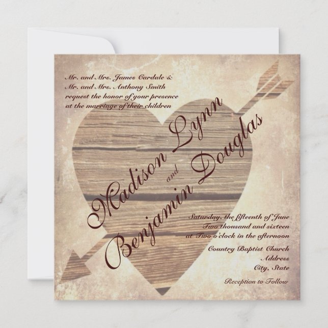 Rustic Country Barn Wood Heart Wedding Invitations (Front)