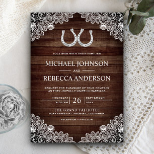 Rustic Country Barn Wood Horseshoe Lace Wedding Invitation