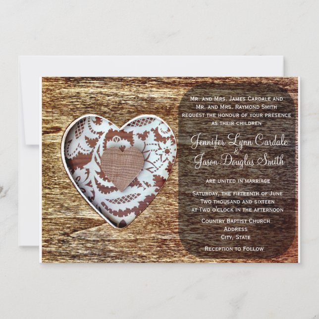 Rustic Country Barn Wood Lace Heart Wedding Invite (Front)