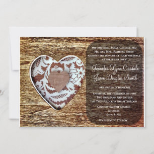 Rustic Country Barn Wood Lace Heart Wedding Invite