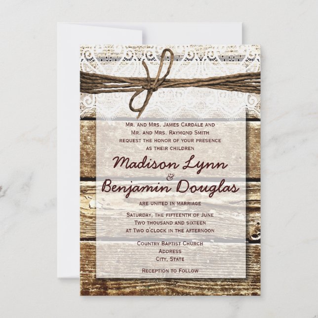 Rustic Country Barn Wood Lace Wedding Invitations (Front)