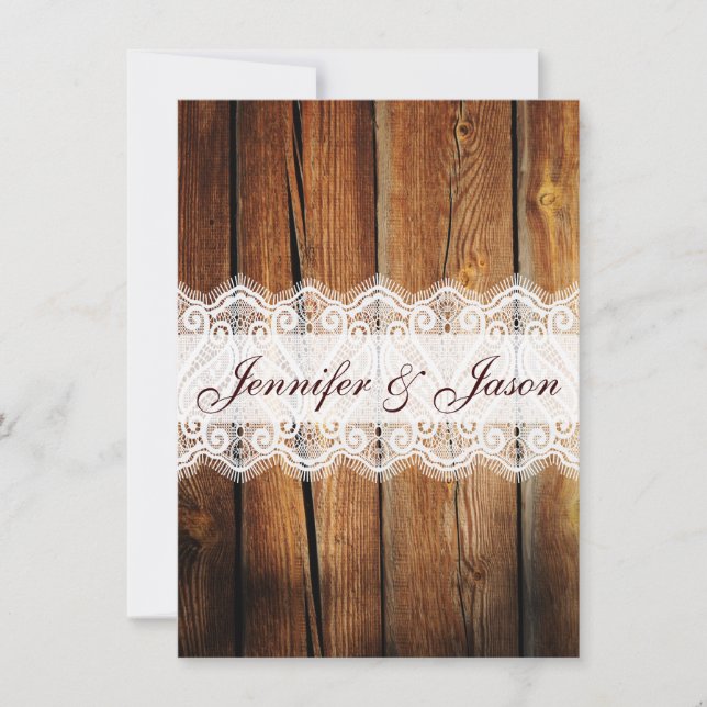 Rustic Country Barn Wood Lace Wedding Invitations (Front)
