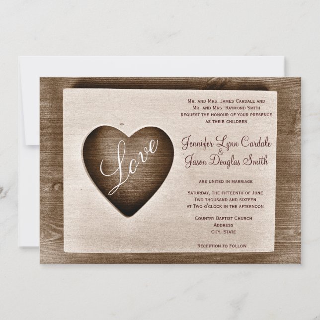 Rustic Country Barn Wood Love Heart Wedding Invite (Front)