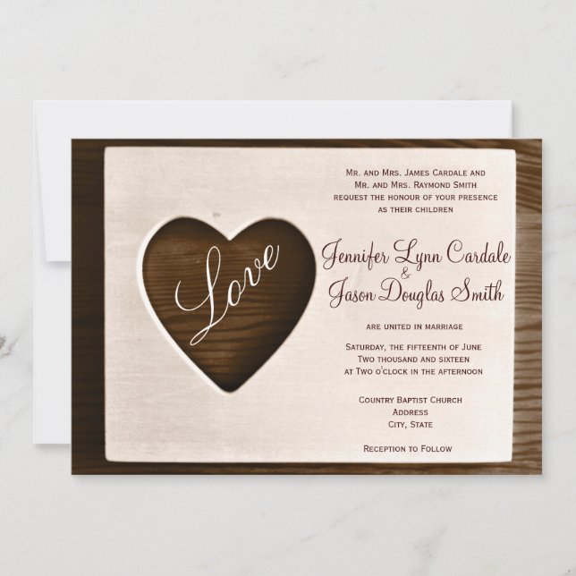Rustic Country Barn Wood Love Heart Wedding Invite (Front)