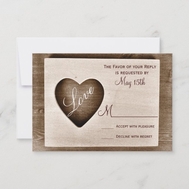 Rustic Country Barn Wood Love Heart Wedding RSVP (Front)