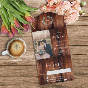Rustic country barn wood monogram photo Wedding All In One Invitation