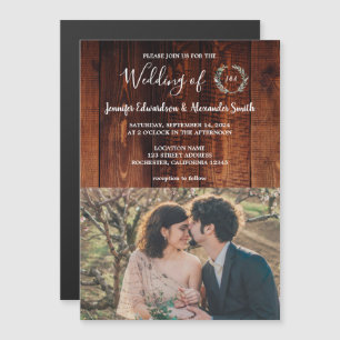 Rustic country barn wood monogrammed photo Wedding Magnetic Invitation