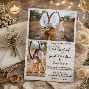 Rustic country barn wood photo collage wedding invitation