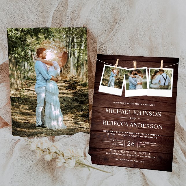 Rustic Country Barn Wood Photo Collage Wedding Invitation (Creator Uploaded)