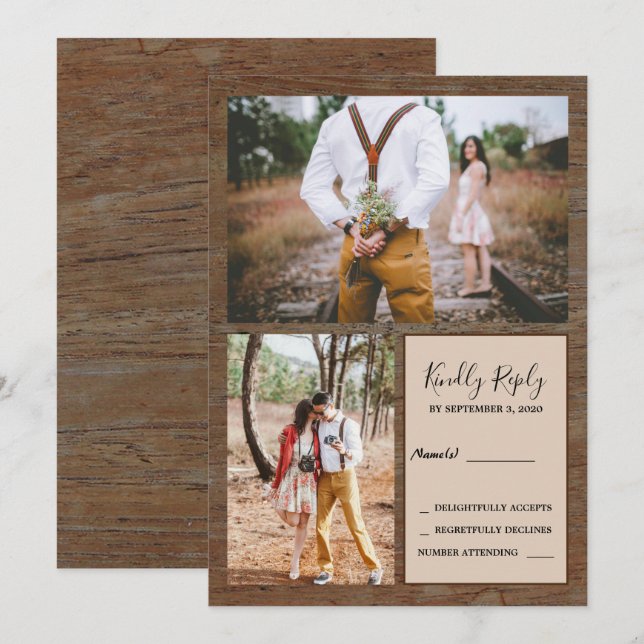 Rustic country barn wood photo RSVP wedding Invitation (Front/Back)