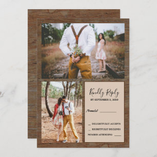 Rustic country barn wood photo RSVP wedding Invitation
