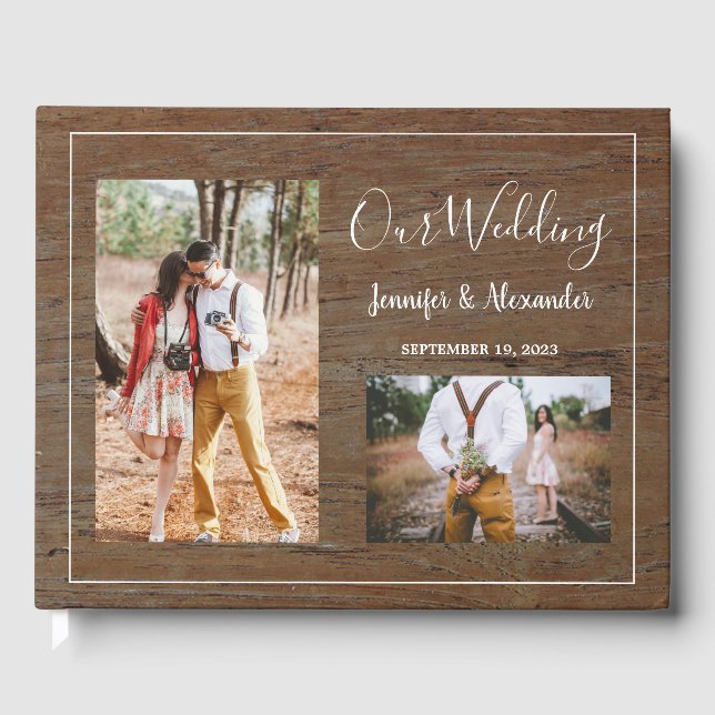 Rustic country barn wood photo Wedding Guest Book (Front)