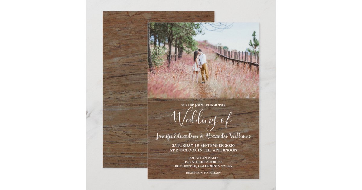 Rustic country barn wood photo wedding invitation | Zazzle