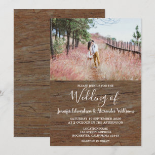 Rustic country barn wood photo wedding invitation