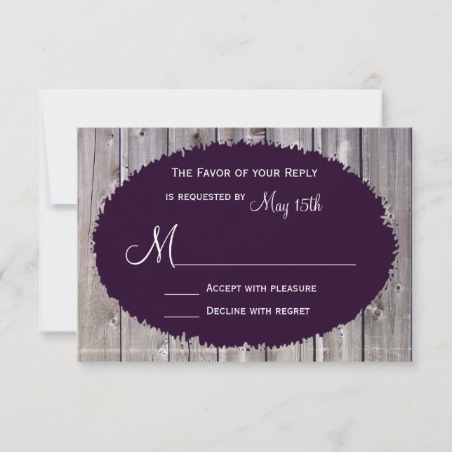 Rustic Country Barn Wood Purple Wedding RSVP Card (Front)
