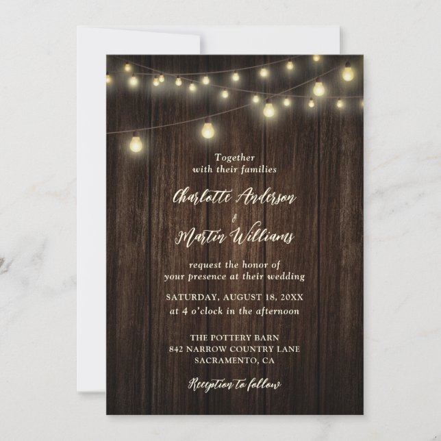 Rustic Country Barn Wood String Lights Wedding Invitation (Front)