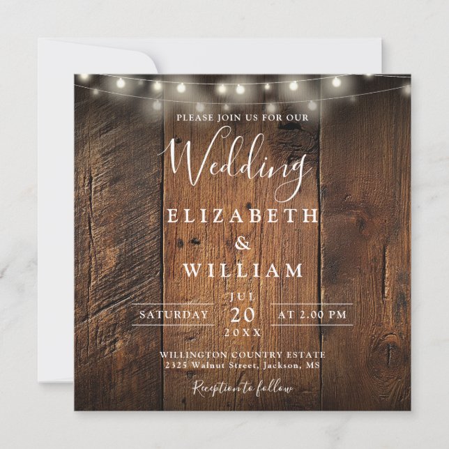 Rustic Country Barn Wood String Lights Wedding Invitation (Front)