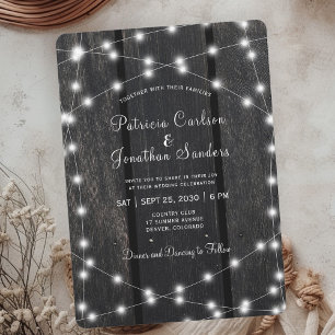 Rustic country barn wood string lights wedding invitation