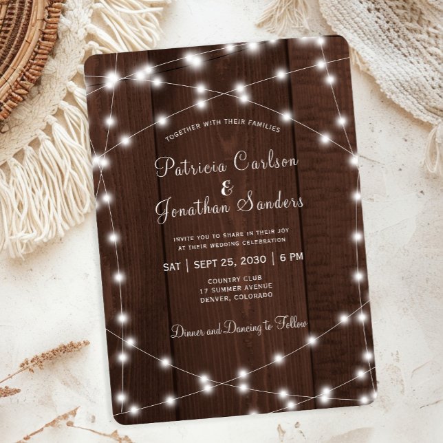 Rustic country barn wood string lights wedding invitation (Creator Uploaded)