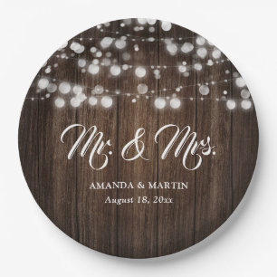 Rustic Country Barn Wood String Lights Wedding Paper Plate