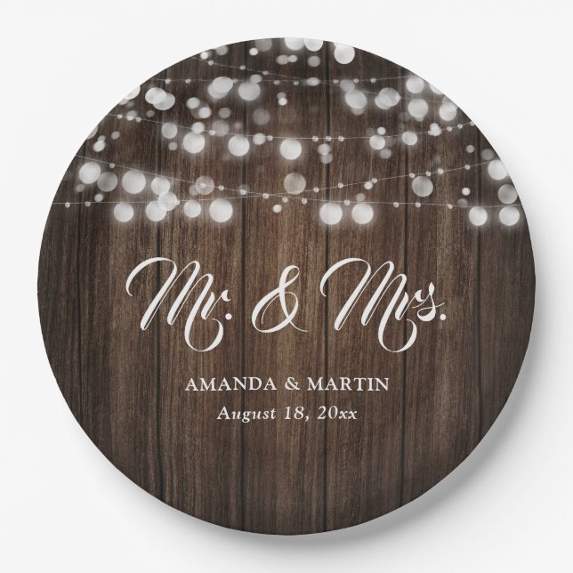 Rustic Country Barn Wood String Lights Wedding Paper Plate (Front)