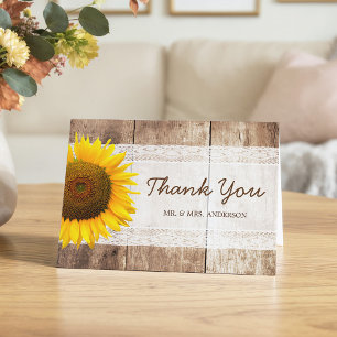 Rustic Country Barn Wood Sunflower Lace Thank You Card