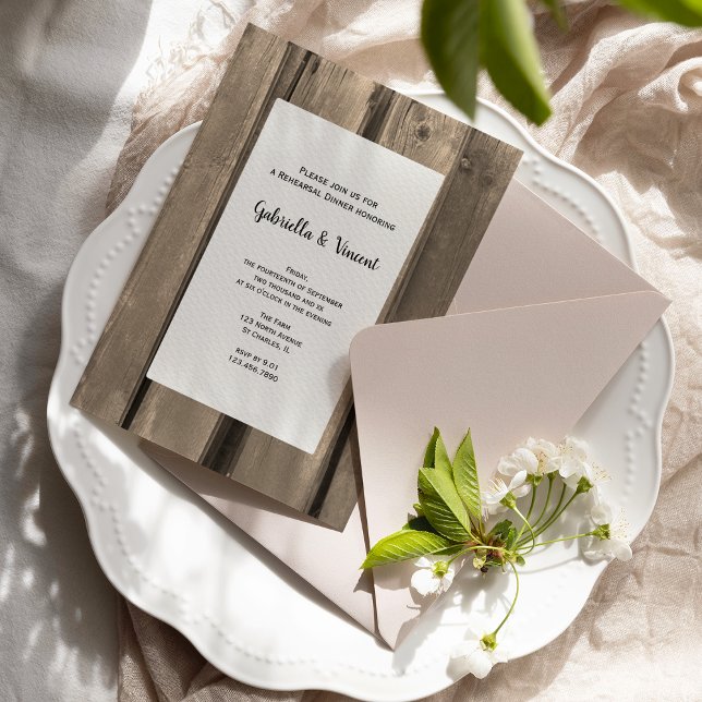 Rustic Country Barn Wood Wedding Rehearsal Dinner Invitation (Invite guests to a casual barn party wedding rehearsal dinner with this charming invitation.)
