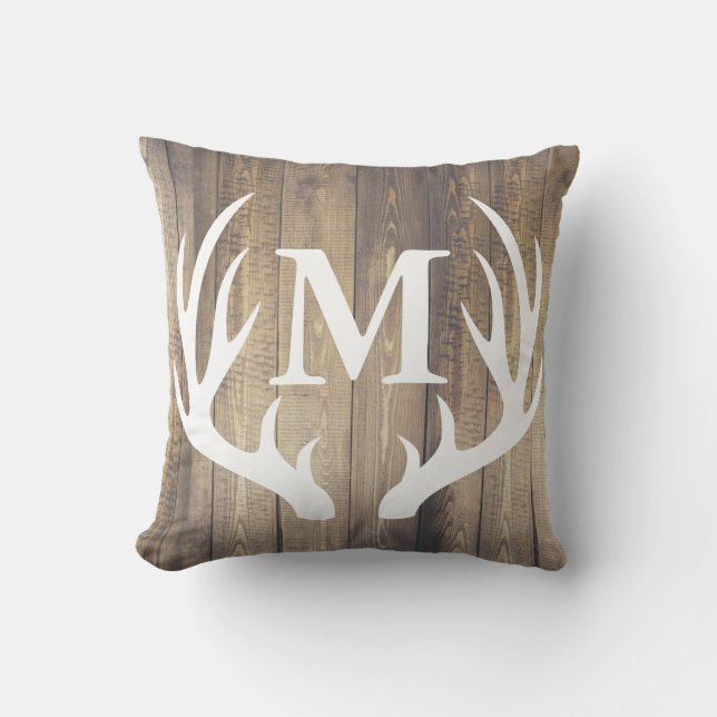 Rustic Country Barn Wood White Deer Antler Cushion (Front)