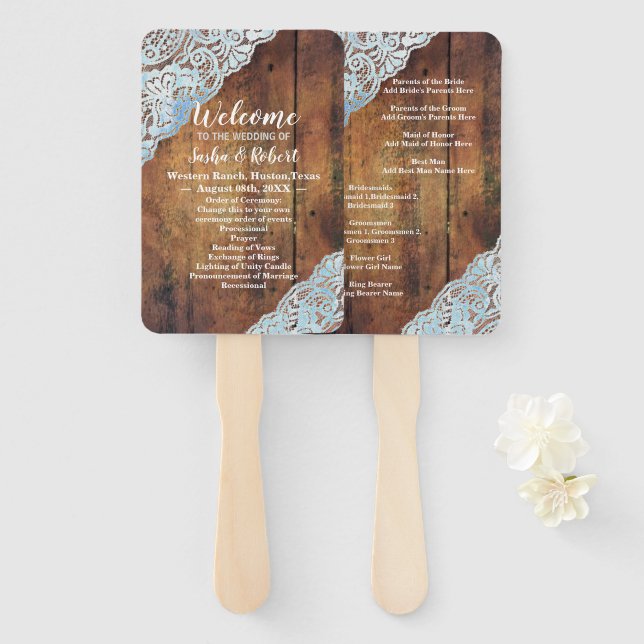 rustic country barnwood lace wedding programs hand fan (Front and Back)