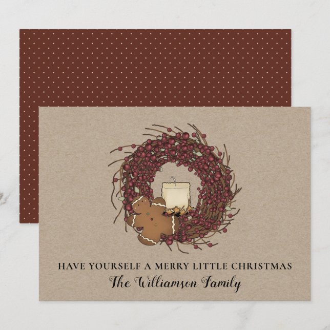 Rustic Country Berry Wreath Grubby Candle Merry Holiday Card (Front/Back)