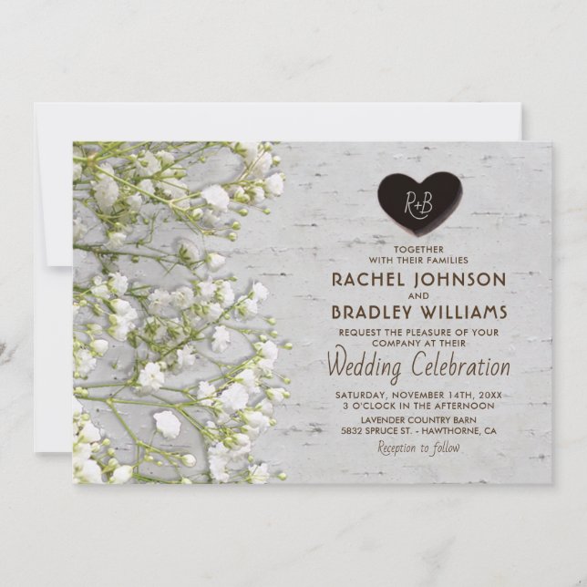 Rustic Country Birch Tree Baby's Breath Wedding Invitation (Front)