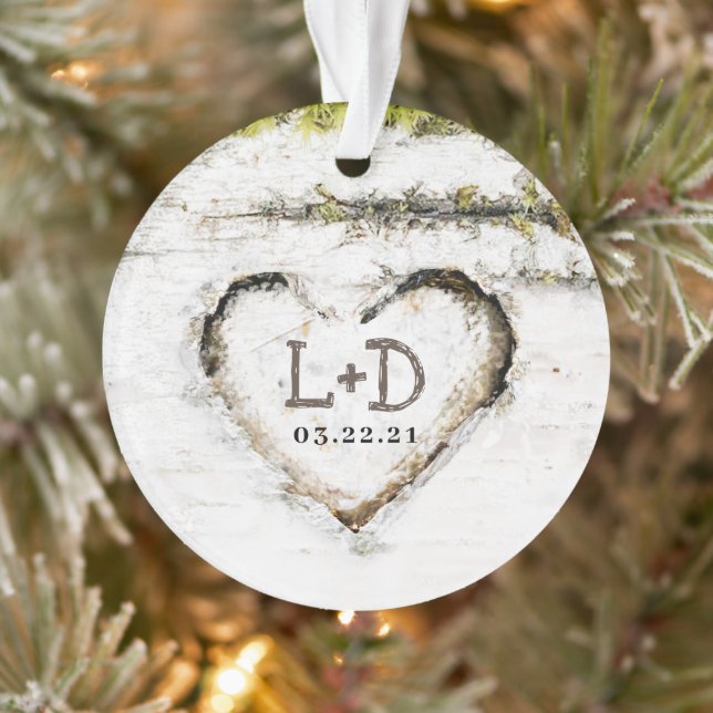 Rustic Country Birch Tree Heart Wedding Initials Ornament (Tree)